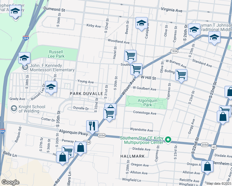 map of restaurants, bars, coffee shops, grocery stores, and more near 1629 South 30th Street in Louisville