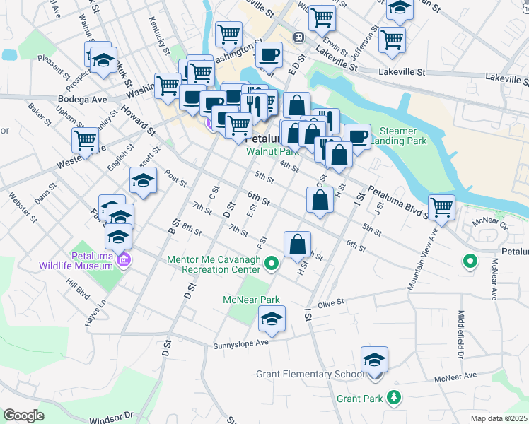 map of restaurants, bars, coffee shops, grocery stores, and more near 312 6th Street in Petaluma