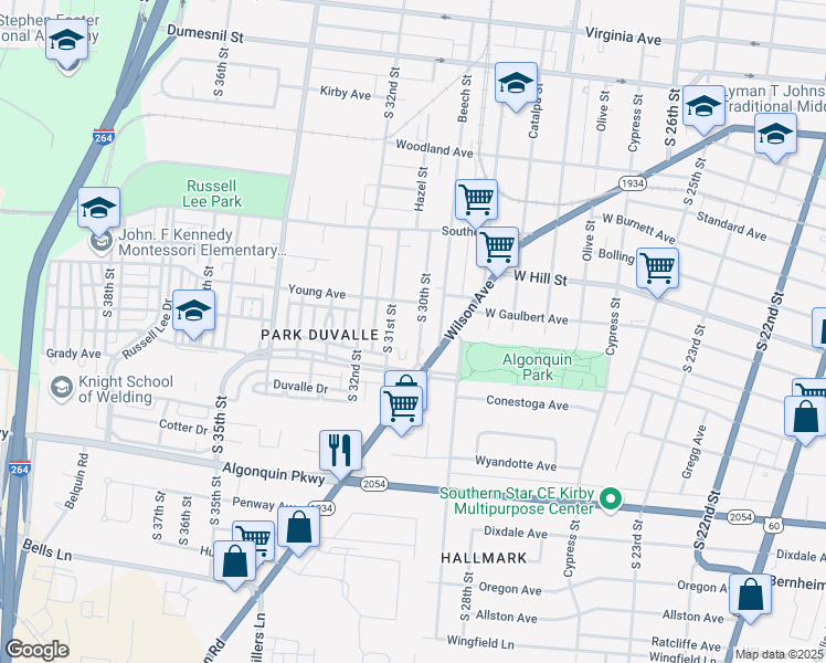 map of restaurants, bars, coffee shops, grocery stores, and more near 1629 South 30th Street in Louisville