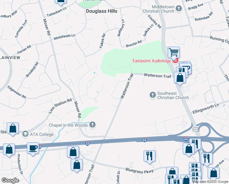 map of restaurants, bars, coffee shops, grocery stores, and more near 10427 Dove Chase Circle in Louisville