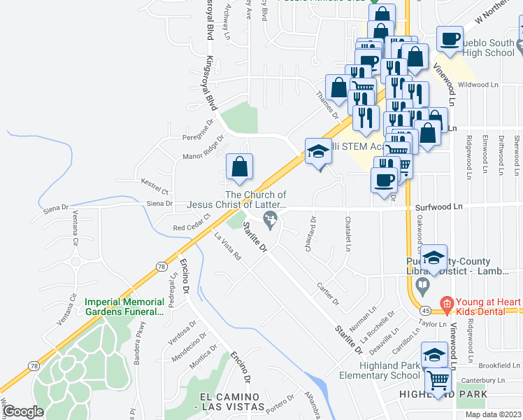 map of restaurants, bars, coffee shops, grocery stores, and more near 4723 Surfwood Lane in Pueblo