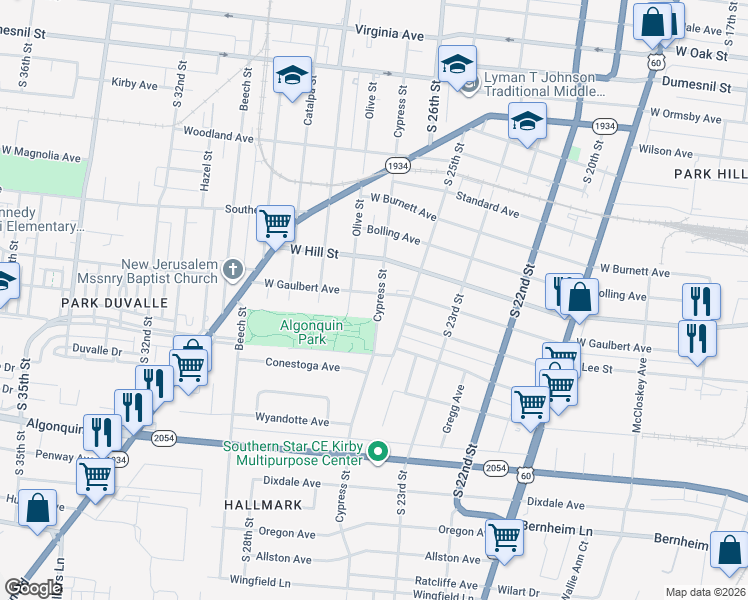 map of restaurants, bars, coffee shops, grocery stores, and more near 1601 Cypress Street in Louisville