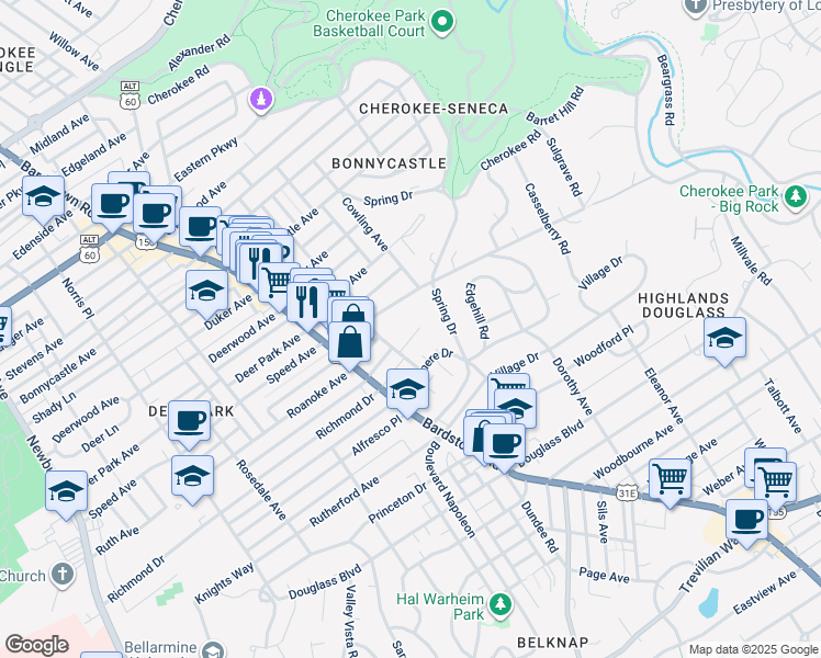 map of restaurants, bars, coffee shops, grocery stores, and more near 2115 Kenilworth Place in Louisville