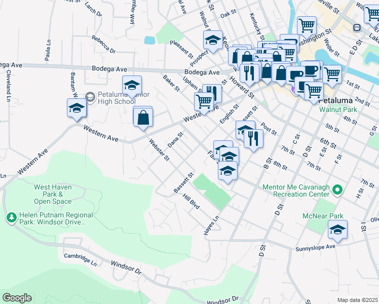 map of restaurants, bars, coffee shops, grocery stores, and more near 504 English Street in Petaluma