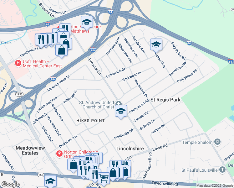 map of restaurants, bars, coffee shops, grocery stores, and more near 2517 Browns Lane in Louisville