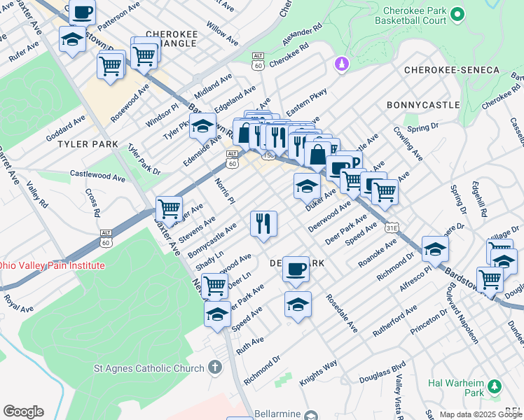 map of restaurants, bars, coffee shops, grocery stores, and more near 1826 Bonnycastle Ave in Louisville