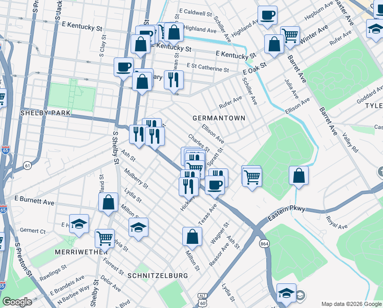 map of restaurants, bars, coffee shops, grocery stores, and more near 1013 Samuel Street in Louisville