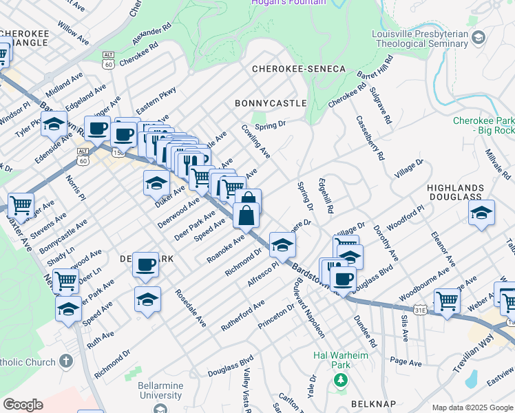 map of restaurants, bars, coffee shops, grocery stores, and more near 2034 Speed Avenue in Louisville