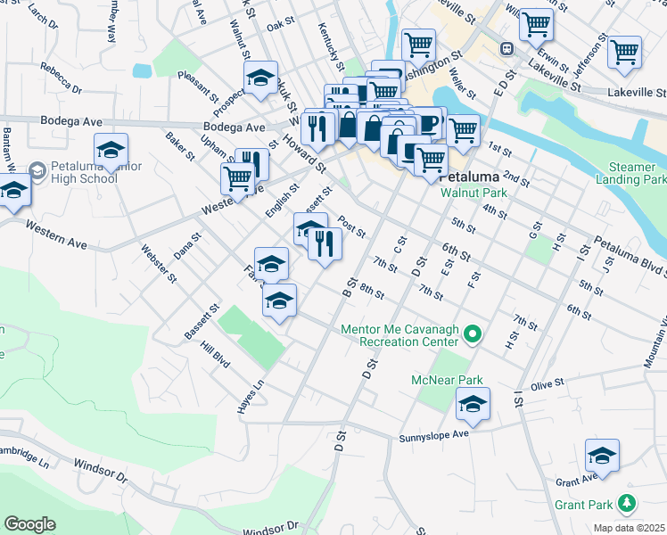 map of restaurants, bars, coffee shops, grocery stores, and more near 147 Douglas Street in Petaluma