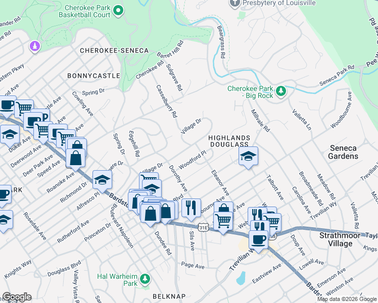 map of restaurants, bars, coffee shops, grocery stores, and more near 2236 Village Drive in Louisville
