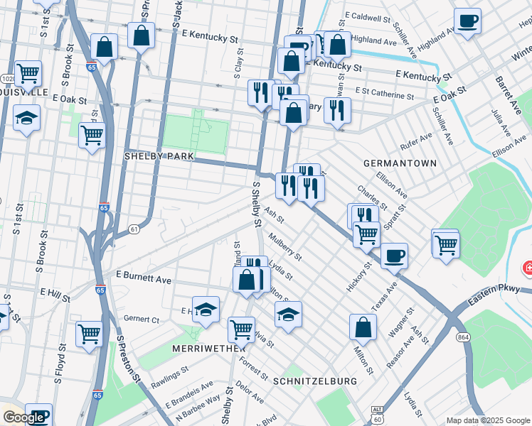 map of restaurants, bars, coffee shops, grocery stores, and more near 814 Ash Street in Louisville