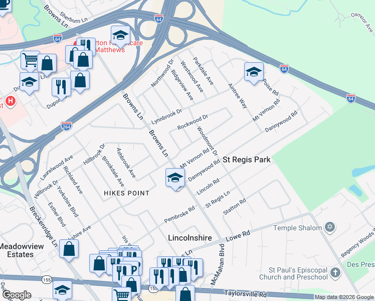 map of restaurants, bars, coffee shops, grocery stores, and more near 4308 Brookhaven Avenue in Louisville