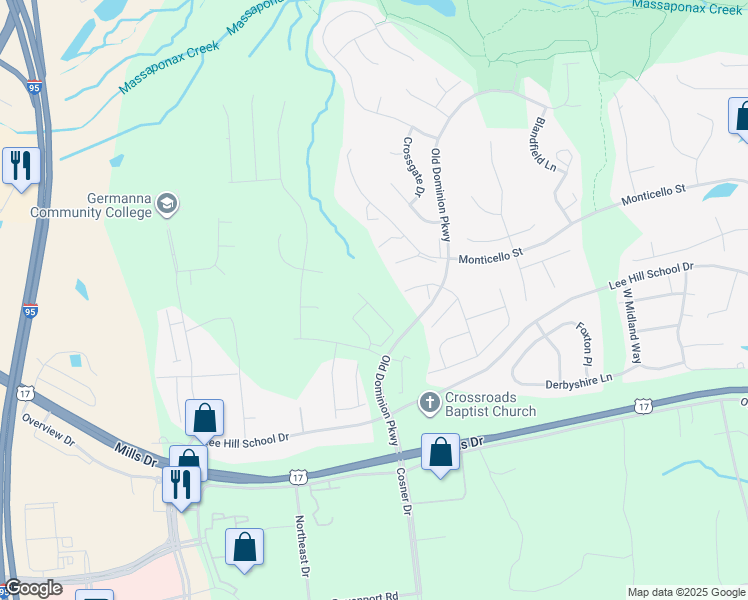map of restaurants, bars, coffee shops, grocery stores, and more near 9820 Dominion Forest Circle in Fredericksburg