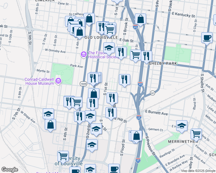 map of restaurants, bars, coffee shops, grocery stores, and more near 1392 South 1st Street in Louisville