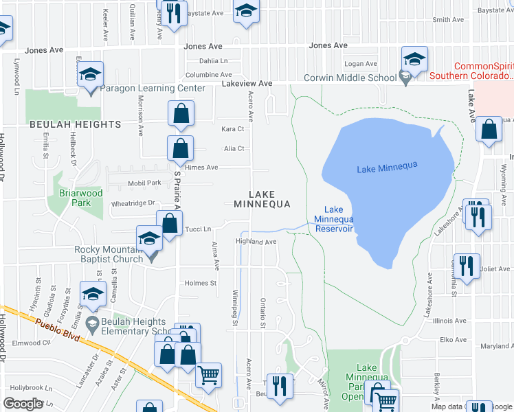 map of restaurants, bars, coffee shops, grocery stores, and more near 2306 Acero Avenue in Pueblo