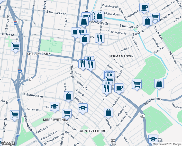 map of restaurants, bars, coffee shops, grocery stores, and more near 946 Goss Avenue in Louisville