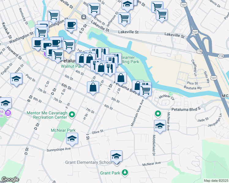 map of restaurants, bars, coffee shops, grocery stores, and more near 417 I Street in Petaluma