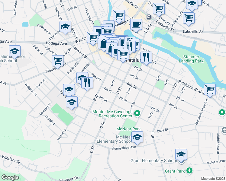 map of restaurants, bars, coffee shops, grocery stores, and more near 700 D Street in Petaluma