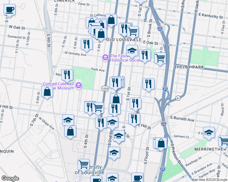 map of restaurants, bars, coffee shops, grocery stores, and more near 1397 Kentucky 1020 in Louisville