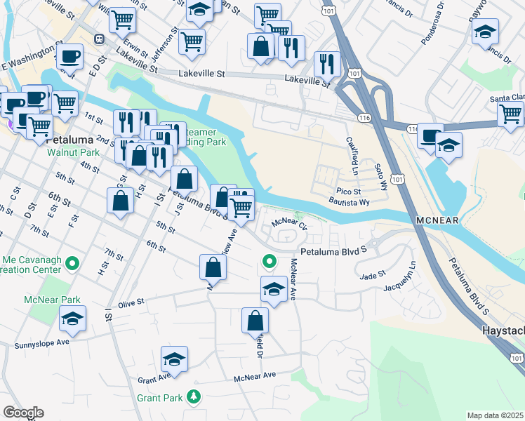 map of restaurants, bars, coffee shops, grocery stores, and more near 1005 Warren Drive in Petaluma