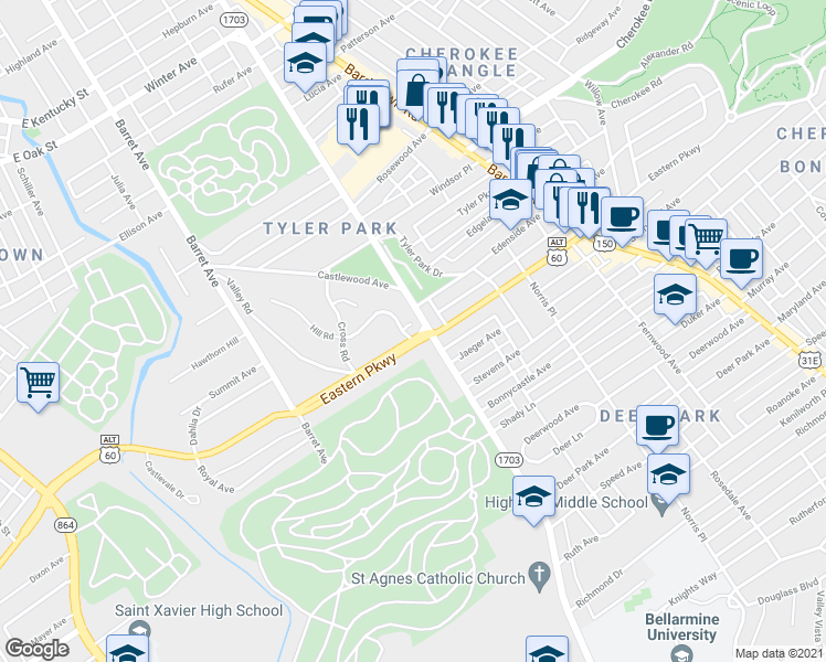 map of restaurants, bars, coffee shops, grocery stores, and more near 1552 Hill Road Court in Louisville