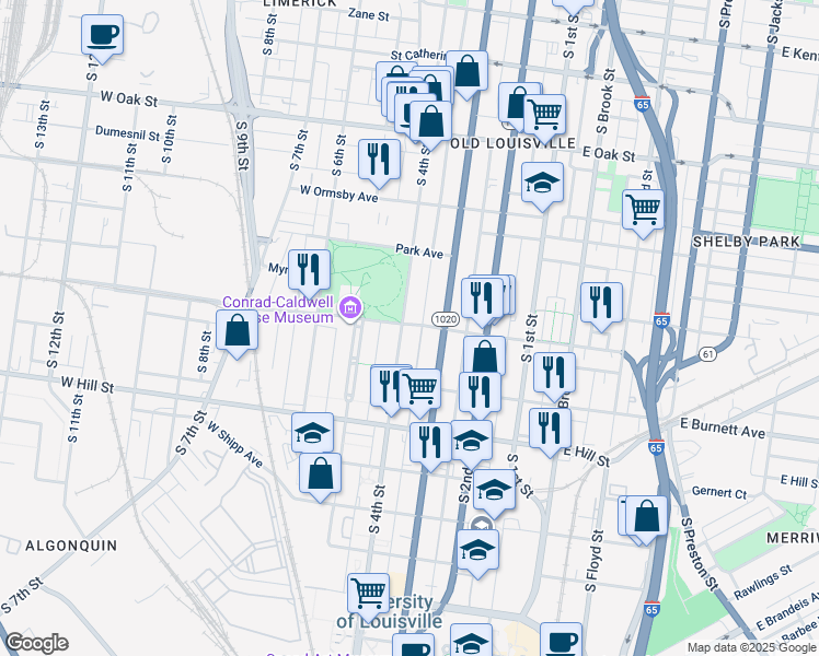 map of restaurants, bars, coffee shops, grocery stores, and more near 1401 South 4th Street in Louisville