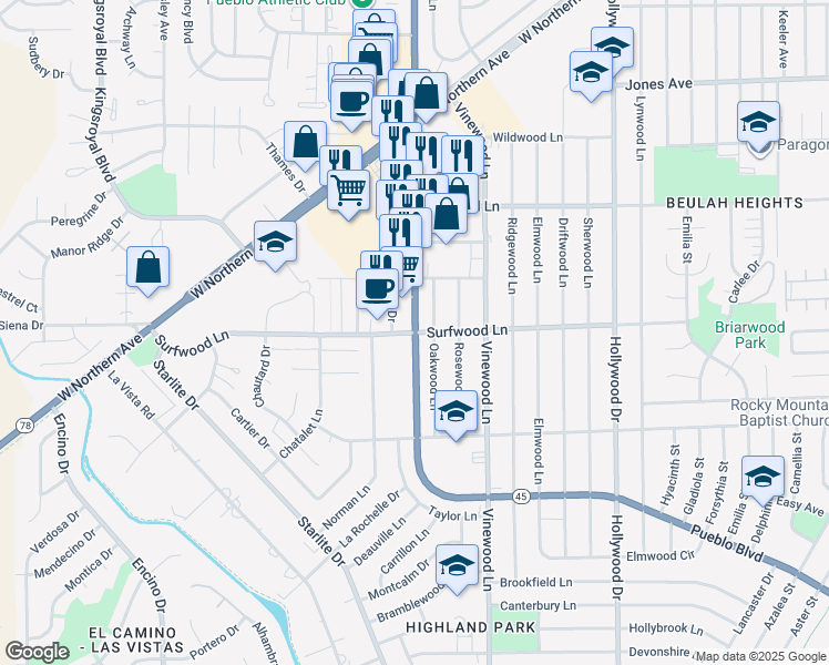 map of restaurants, bars, coffee shops, grocery stores, and more near 4001 Surfwood Lane in Pueblo