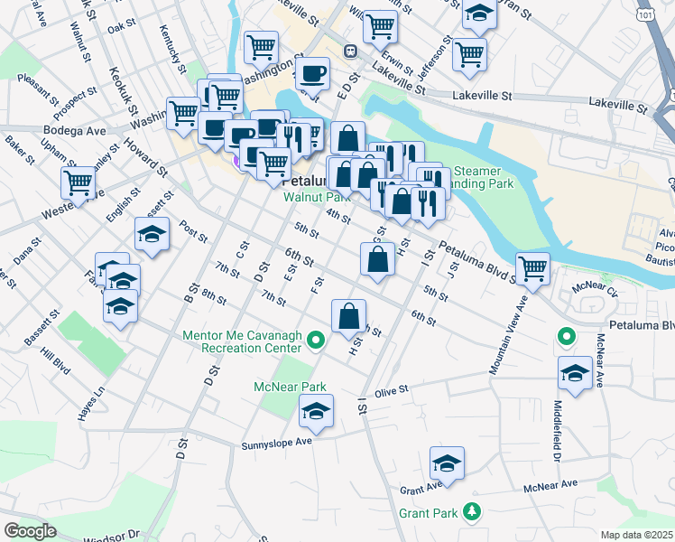 map of restaurants, bars, coffee shops, grocery stores, and more near 413 6th Street in Petaluma