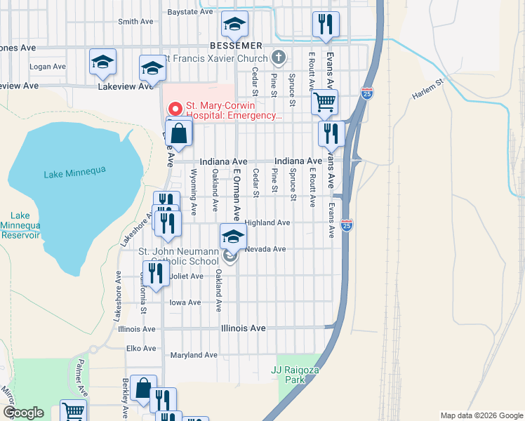 map of restaurants, bars, coffee shops, grocery stores, and more near 2220 Cedar Street in Pueblo