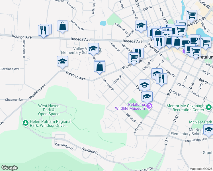 map of restaurants, bars, coffee shops, grocery stores, and more near 509 Webster Street in Petaluma