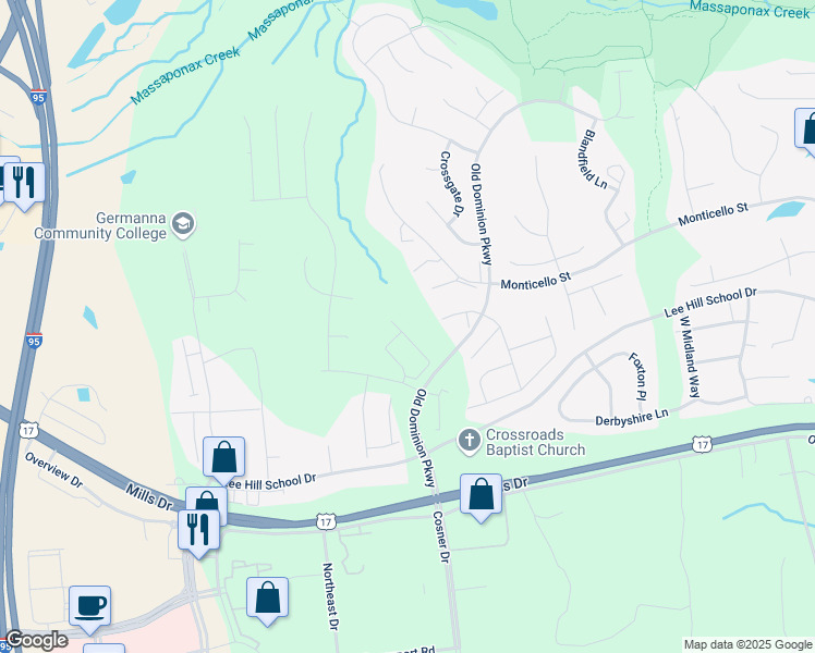 map of restaurants, bars, coffee shops, grocery stores, and more near 9818 Dominion Forest Circle in Fredericksburg