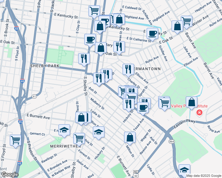 map of restaurants, bars, coffee shops, grocery stores, and more near Goss Ave & McHenry St in Louisville