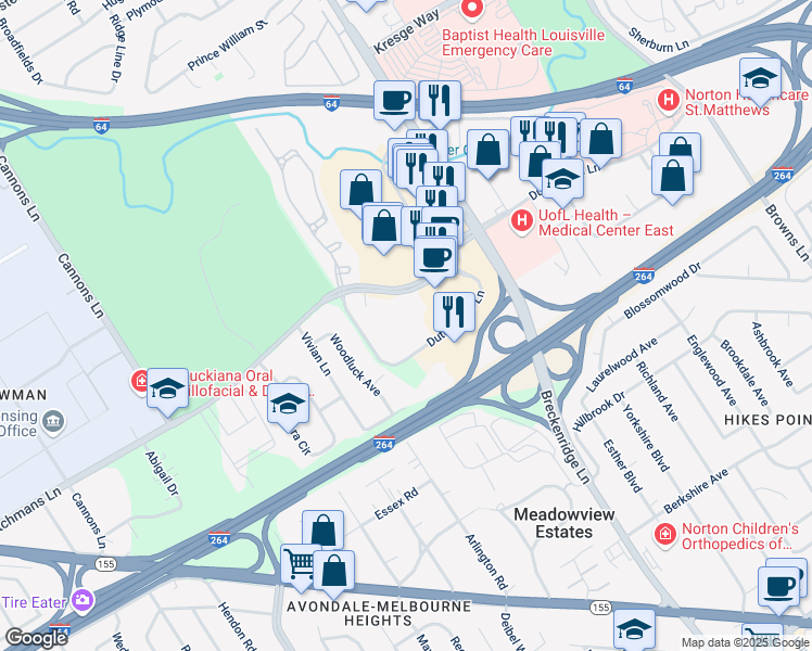 map of restaurants, bars, coffee shops, grocery stores, and more near 6400 Dutchmans Parkway in Louisville
