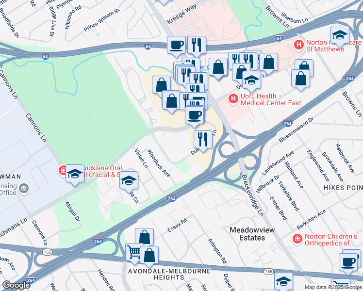 map of restaurants, bars, coffee shops, grocery stores, and more near 6400 Dutchmans Parkway in Louisville