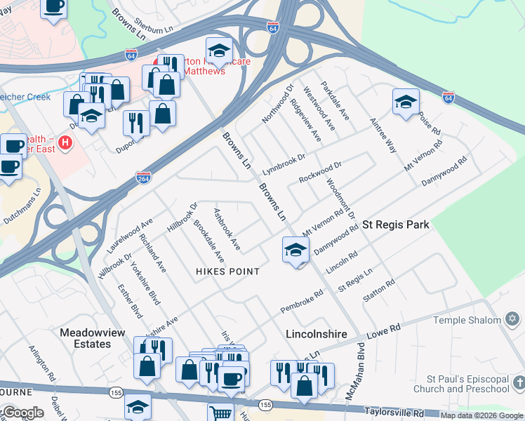 map of restaurants, bars, coffee shops, grocery stores, and more near 2509 Clearbrook Drive in Louisville