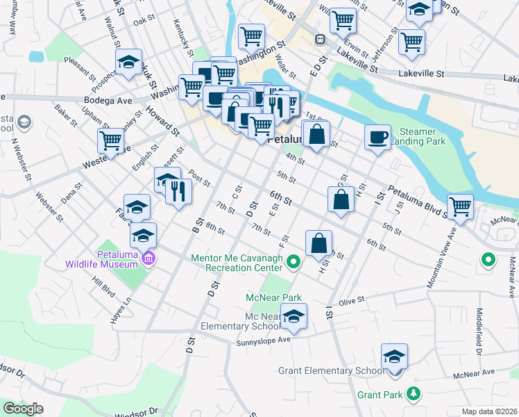 map of restaurants, bars, coffee shops, grocery stores, and more near 625 D Street in Petaluma