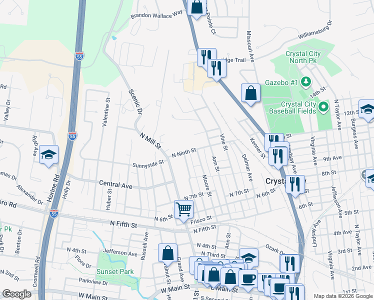 map of restaurants, bars, coffee shops, grocery stores, and more near 221 North 9th Street in Festus
