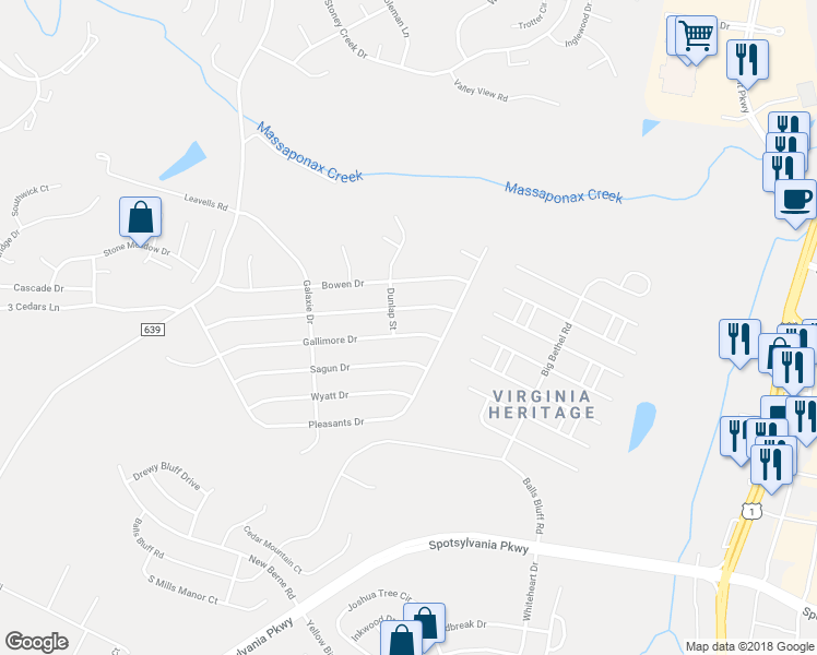 map of restaurants, bars, coffee shops, grocery stores, and more near 303 Gallimore Drive in Fredericksburg
