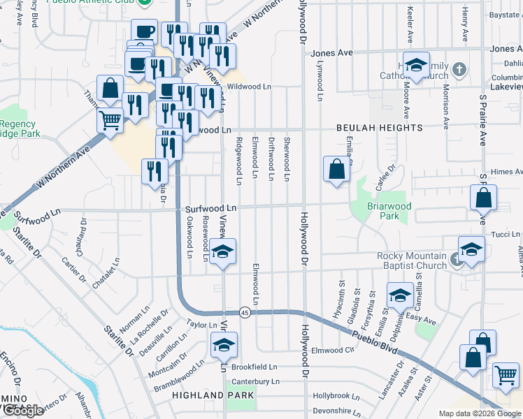 map of restaurants, bars, coffee shops, grocery stores, and more near 2039 Driftwood Lane in Pueblo