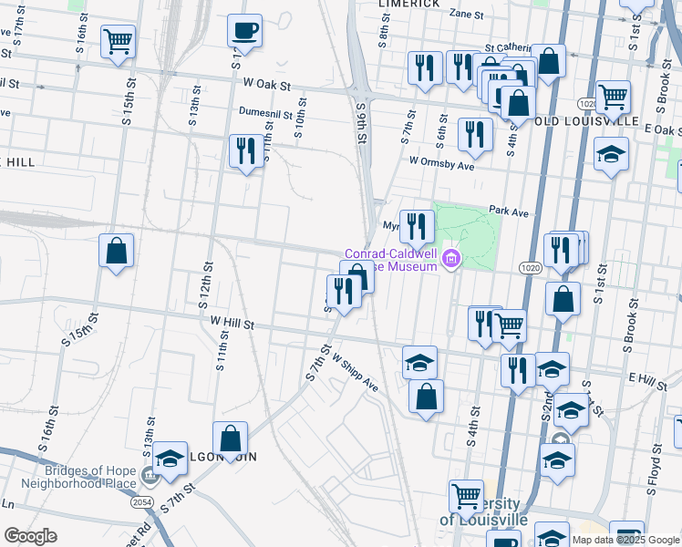 map of restaurants, bars, coffee shops, grocery stores, and more near 714 Oakland Avenue in Louisville