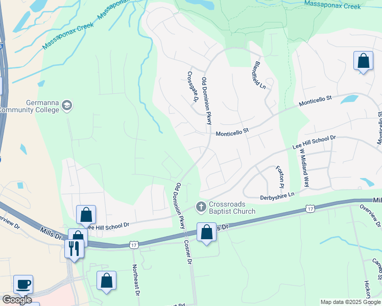 map of restaurants, bars, coffee shops, grocery stores, and more near 9710 Becker Court in Fredericksburg