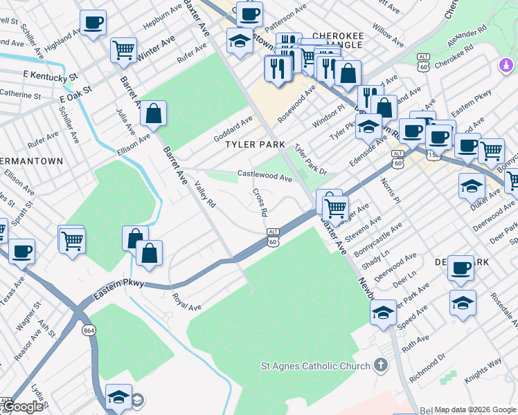 map of restaurants, bars, coffee shops, grocery stores, and more near 39 Hill Road in Louisville