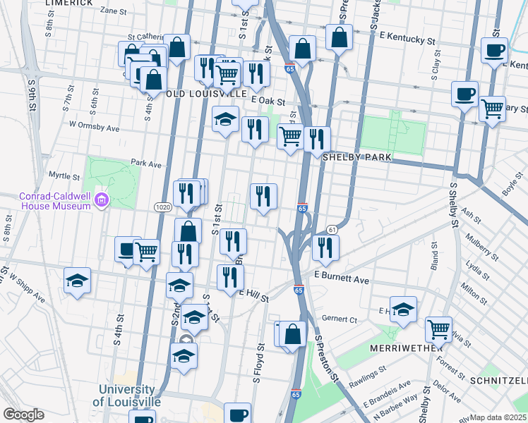 map of restaurants, bars, coffee shops, grocery stores, and more near 220 Woodbine Street in Louisville