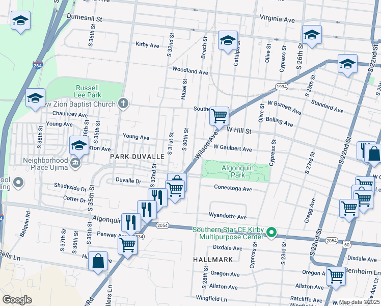 map of restaurants, bars, coffee shops, grocery stores, and more near 1624 Beech Street in Louisville