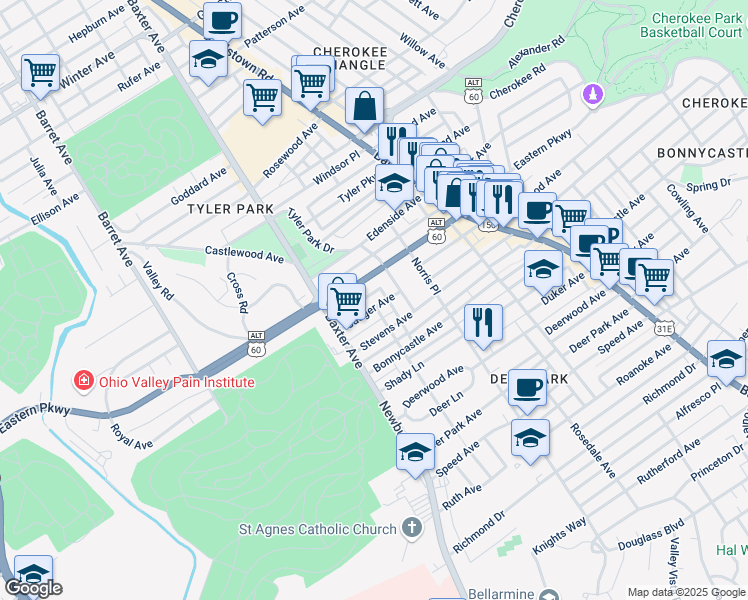 map of restaurants, bars, coffee shops, grocery stores, and more near 1635 Jaeger Avenue in Louisville