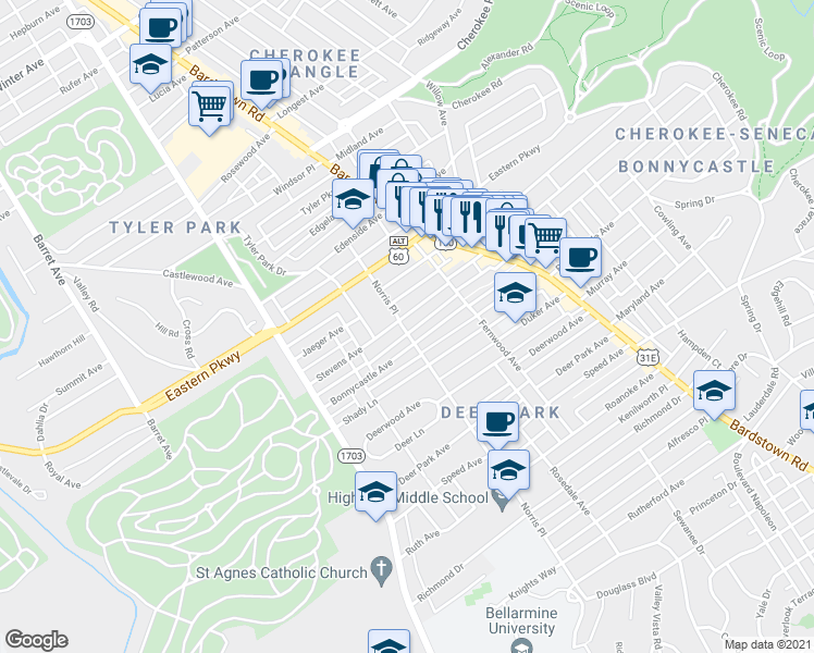 map of restaurants, bars, coffee shops, grocery stores, and more near 1800 Stevens Avenue in Louisville