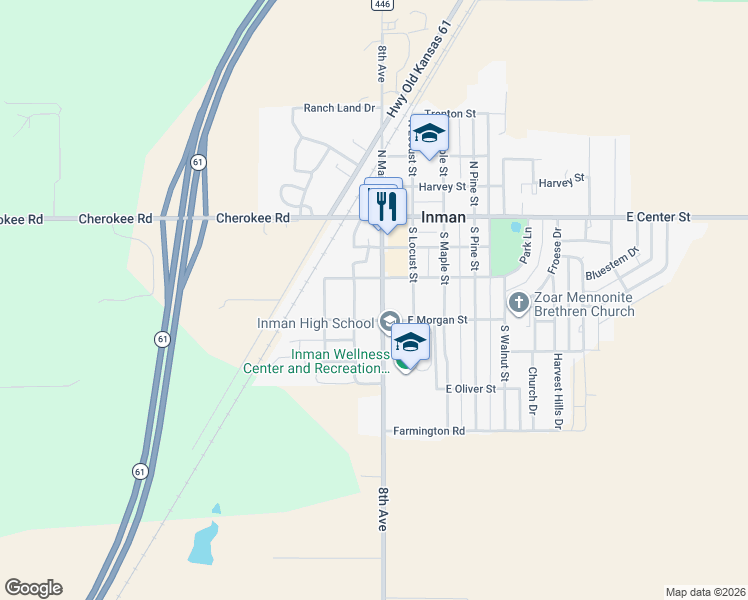 map of restaurants, bars, coffee shops, grocery stores, and more near 309 S Main St in Inman