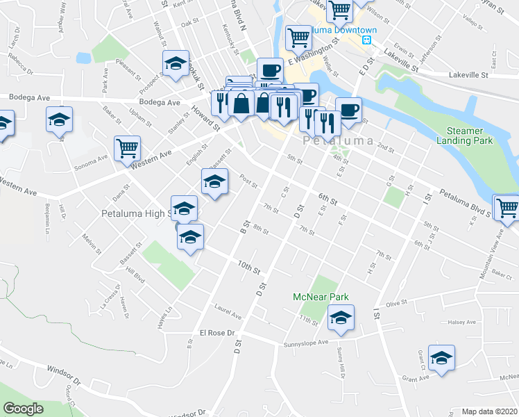 map of restaurants, bars, coffee shops, grocery stores, and more near 707 B Street in Petaluma