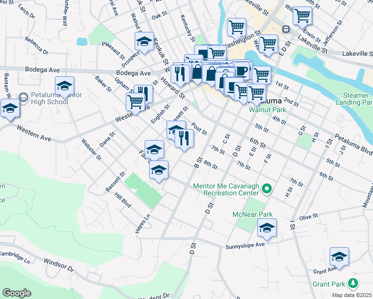 map of restaurants, bars, coffee shops, grocery stores, and more near 147 Douglas Street in Petaluma