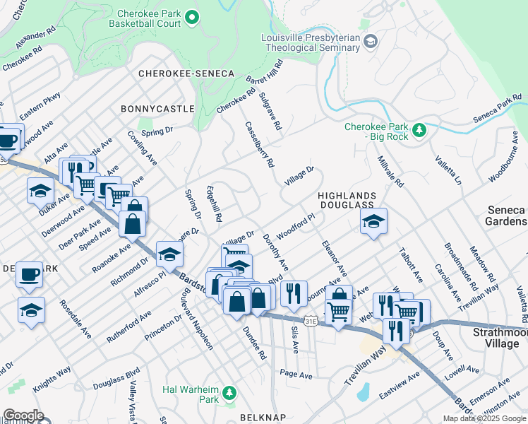 map of restaurants, bars, coffee shops, grocery stores, and more near 2208 Lauderdale Road in Louisville